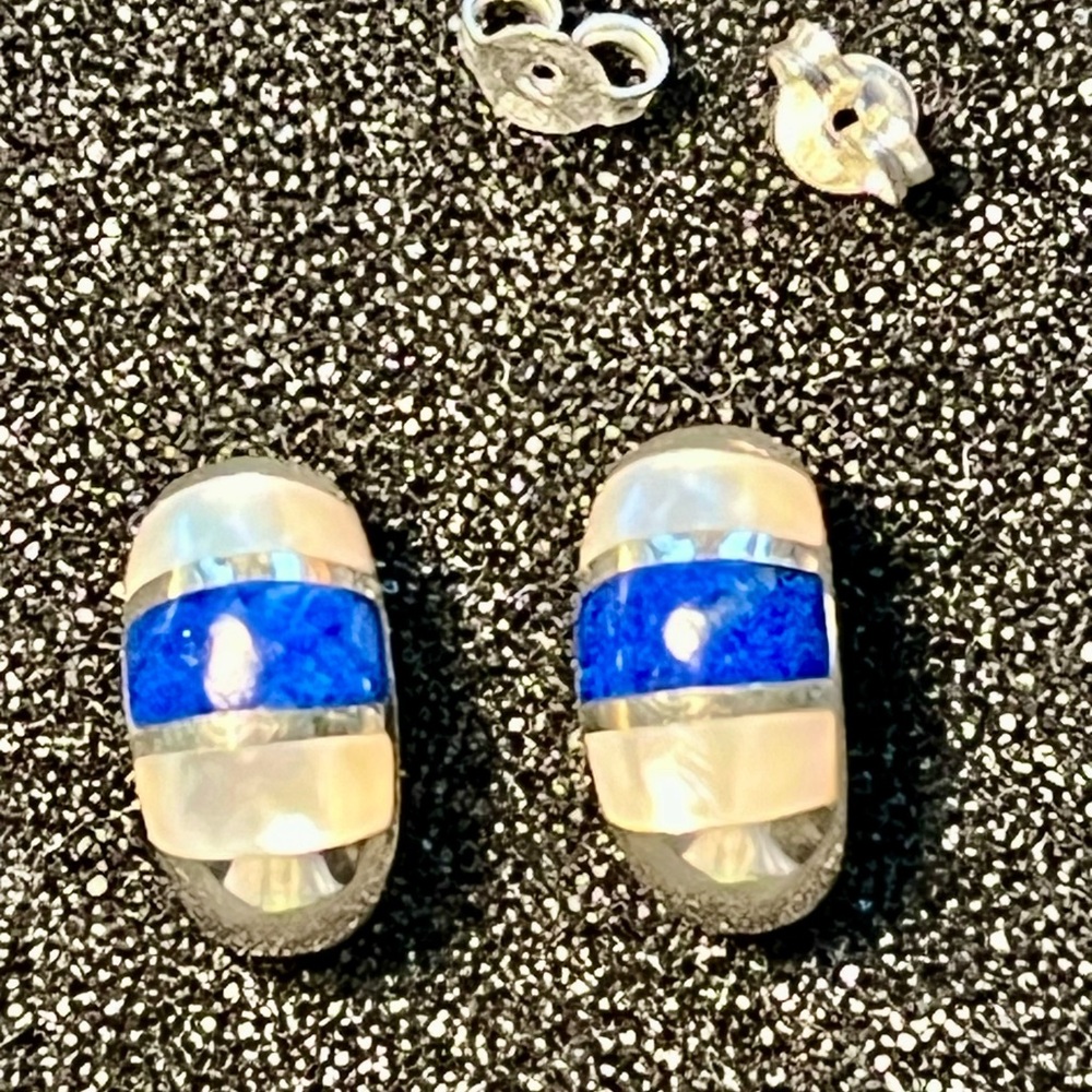 Mother of pearl/blue lapiz sterling silver earrings CNA 925 Thailand - Picture 3 of 7